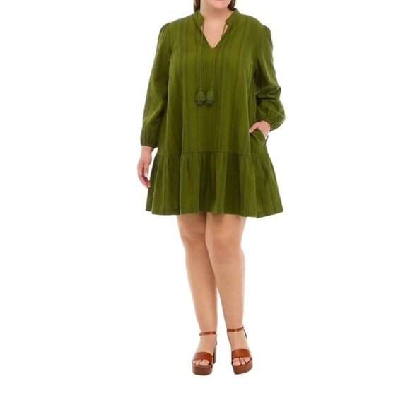 Crown & Ivy Womens Plus Size Drop Waist Peasant Tasseled Mini Dress Green 2X - Picture 1 of 8